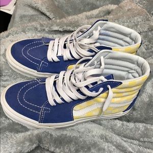 blue/white/yellow checkered vans high top